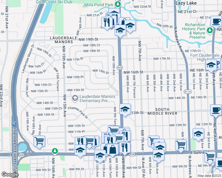 map of restaurants, bars, coffee shops, grocery stores, and more near 1445 Lauderdale Villa Drive in Fort Lauderdale