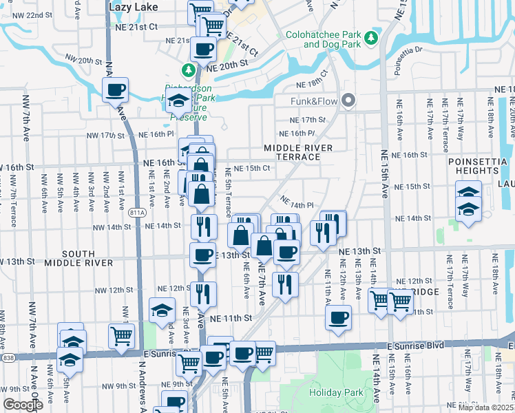 map of restaurants, bars, coffee shops, grocery stores, and more near 605 Northeast 14th Court in Fort Lauderdale
