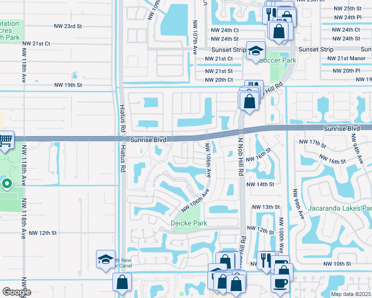 map of restaurants, bars, coffee shops, grocery stores, and more near 1731 Northwest 107th Terrace in Plantation