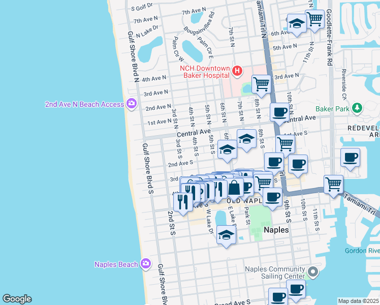 map of restaurants, bars, coffee shops, grocery stores, and more near 388 1st Avenue South in Naples