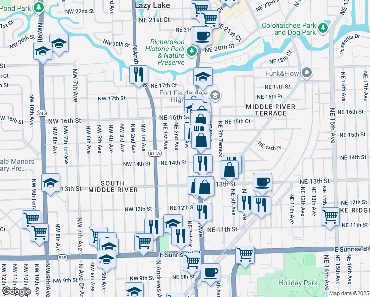 map of restaurants, bars, coffee shops, grocery stores, and more near 1429 Northeast 3rd Avenue in Fort Lauderdale
