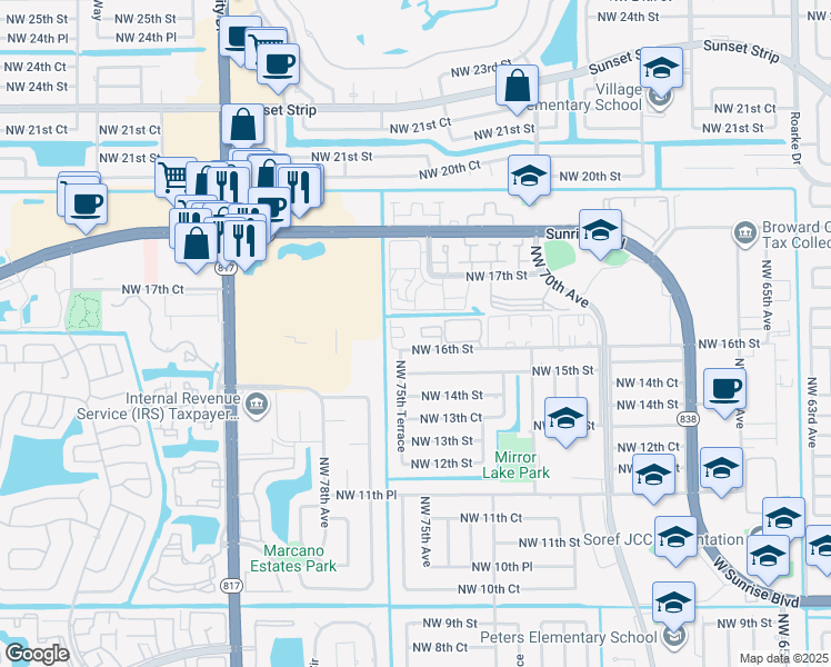map of restaurants, bars, coffee shops, grocery stores, and more near 7501 Northwest 16th Street in Plantation