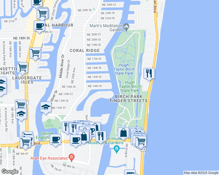 map of restaurants, bars, coffee shops, grocery stores, and more near 2800 Northeast 14th Street in Fort Lauderdale