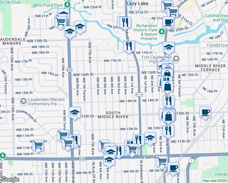 map of restaurants, bars, coffee shops, grocery stores, and more near 1428 Northwest 4th Avenue in Fort Lauderdale