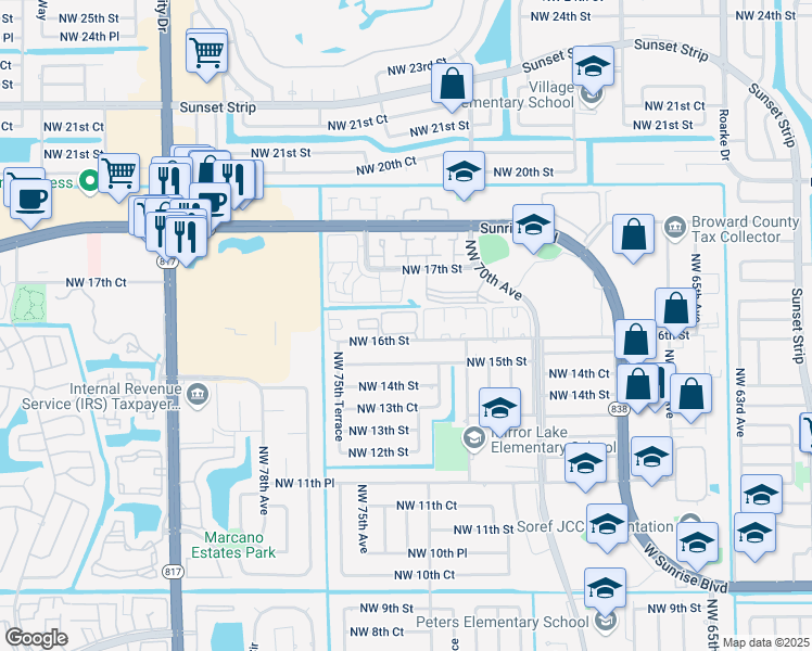 map of restaurants, bars, coffee shops, grocery stores, and more near 7321 Northwest 16th Street in Plantation