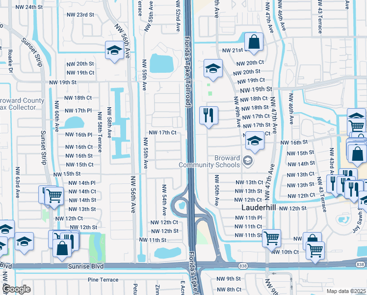 map of restaurants, bars, coffee shops, grocery stores, and more near 1640 Northwest 52nd Avenue in Lauderhill