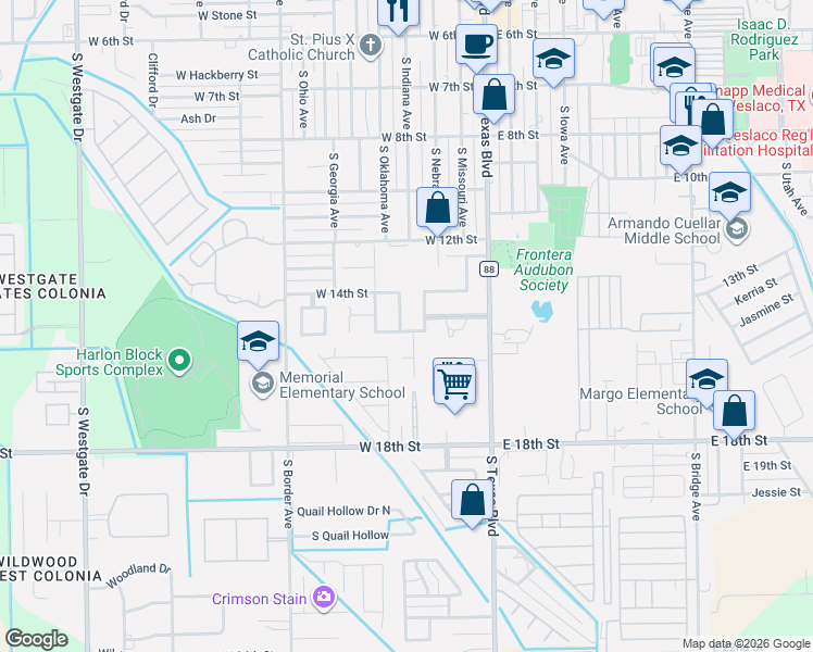 map of restaurants, bars, coffee shops, grocery stores, and more near 1413 Tangerine Drive in Weslaco