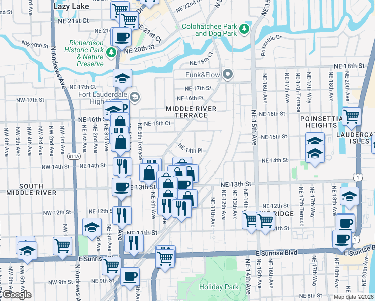 map of restaurants, bars, coffee shops, grocery stores, and more near 926 Northeast 14th Place in Fort Lauderdale