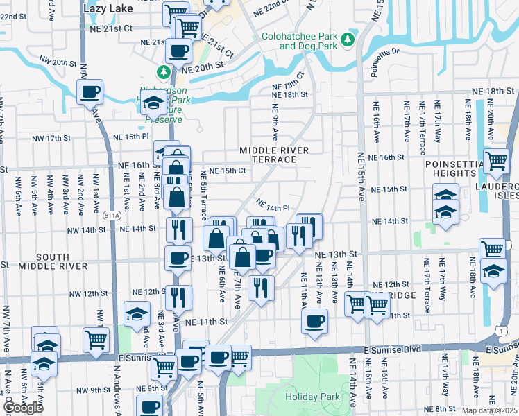 map of restaurants, bars, coffee shops, grocery stores, and more near 1400 North Dixie Highway in Fort Lauderdale