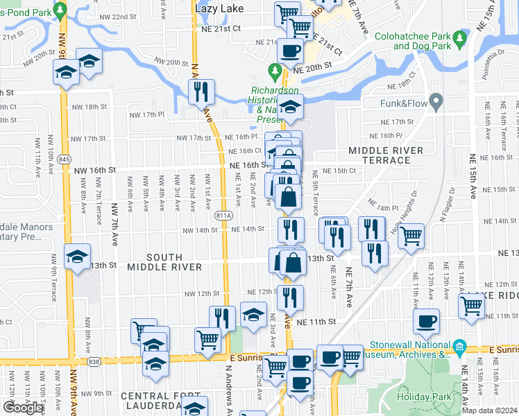 map of restaurants, bars, coffee shops, grocery stores, and more near 1429 Northeast 3rd Avenue in Fort Lauderdale