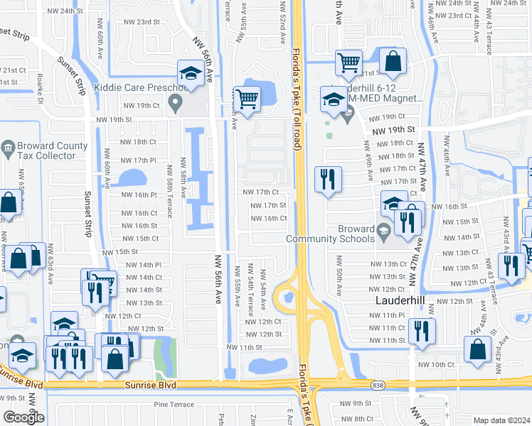 map of restaurants, bars, coffee shops, grocery stores, and more near 5321 Northwest 16th Court in Lauderhill