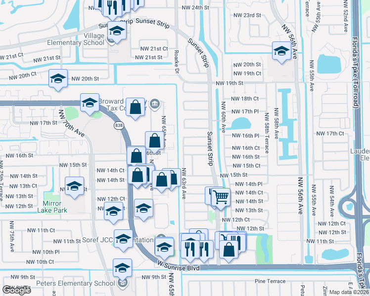 map of restaurants, bars, coffee shops, grocery stores, and more near 1621 Northwest 63rd Avenue in Sunrise