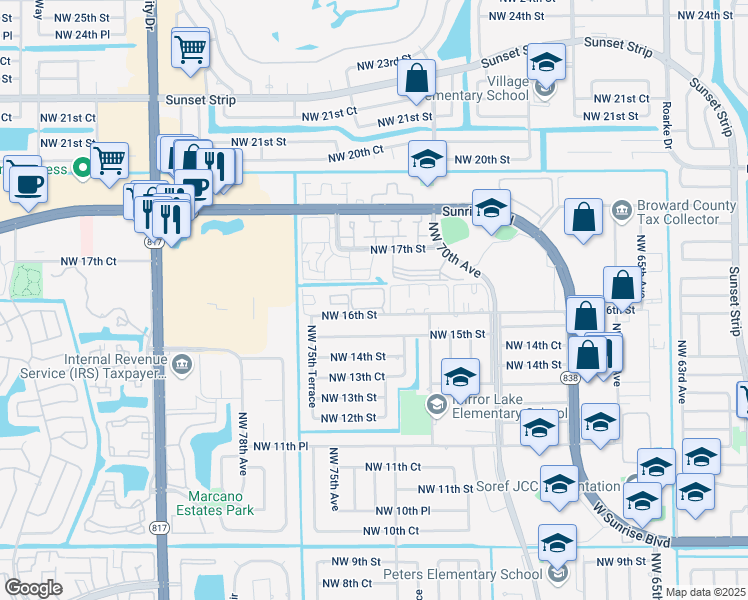 map of restaurants, bars, coffee shops, grocery stores, and more near 7321 Northwest 16th Street in Plantation