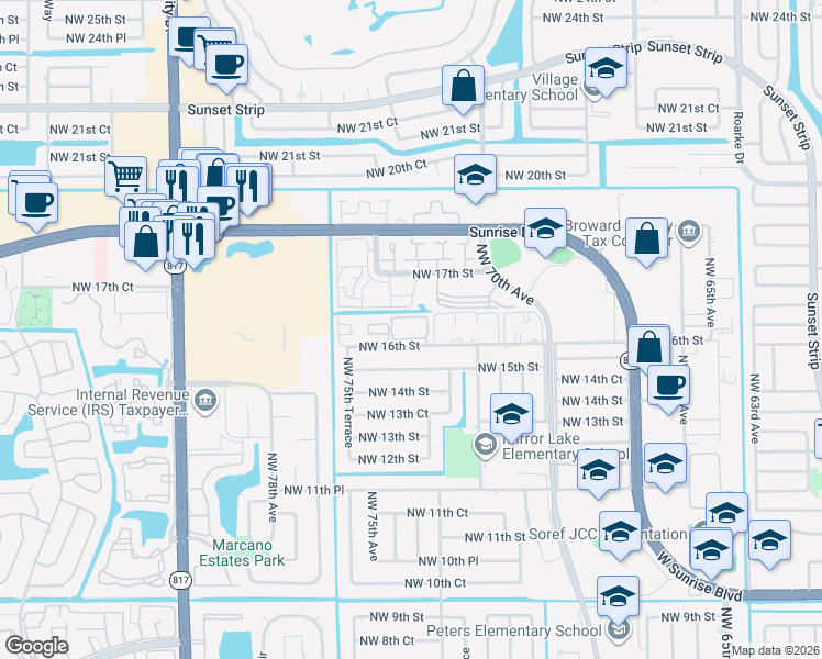 map of restaurants, bars, coffee shops, grocery stores, and more near 7451 Northwest 16th Street in Plantation