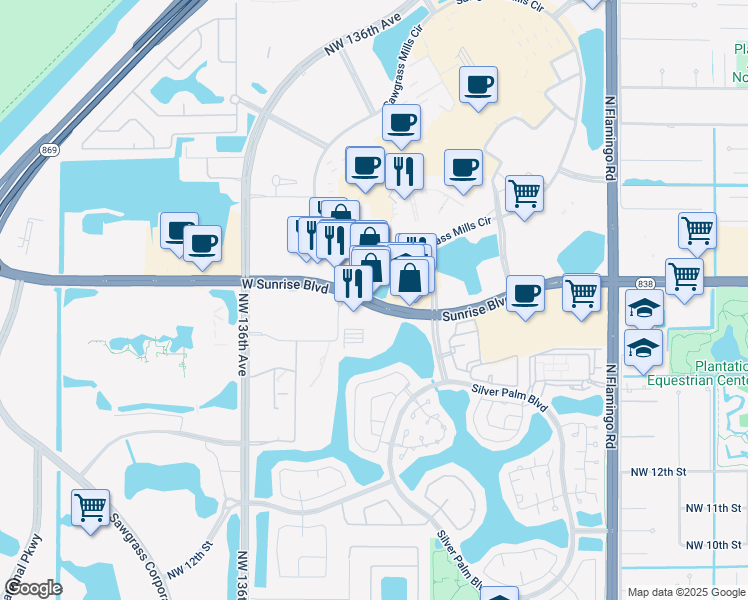 map of restaurants, bars, coffee shops, grocery stores, and more near 12998-13298 W Sunrise Blvd in Sunrise