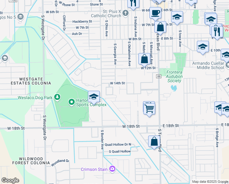 map of restaurants, bars, coffee shops, grocery stores, and more near 1413 La Ciniega Drive in Weslaco
