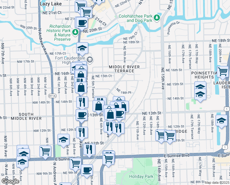 map of restaurants, bars, coffee shops, grocery stores, and more near 1400 North Dixie Highway in Fort Lauderdale