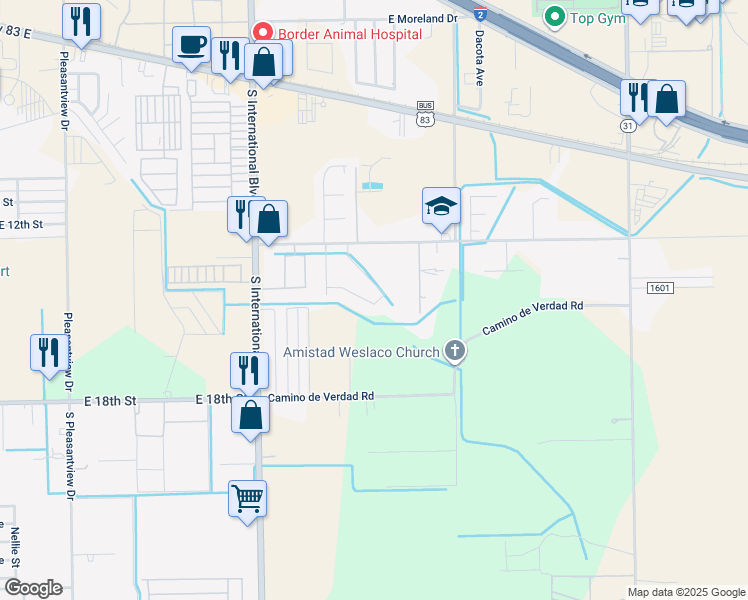 map of restaurants, bars, coffee shops, grocery stores, and more near 3912 Las Vistas Lane in Weslaco