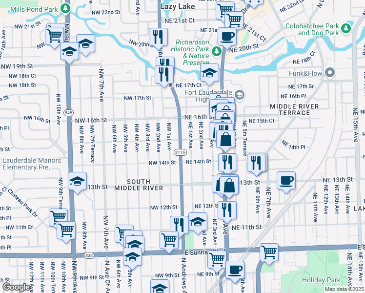 map of restaurants, bars, coffee shops, grocery stores, and more near 1428 Northwest 1st Avenue in Fort Lauderdale