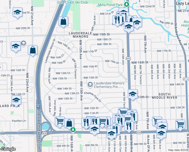 map of restaurants, bars, coffee shops, grocery stores, and more near 1213 Northwest 15th Street in Fort Lauderdale