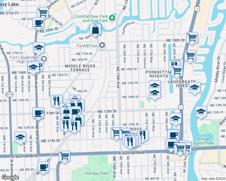 map of restaurants, bars, coffee shops, grocery stores, and more near 1401 Northeast 14th Court in Fort Lauderdale