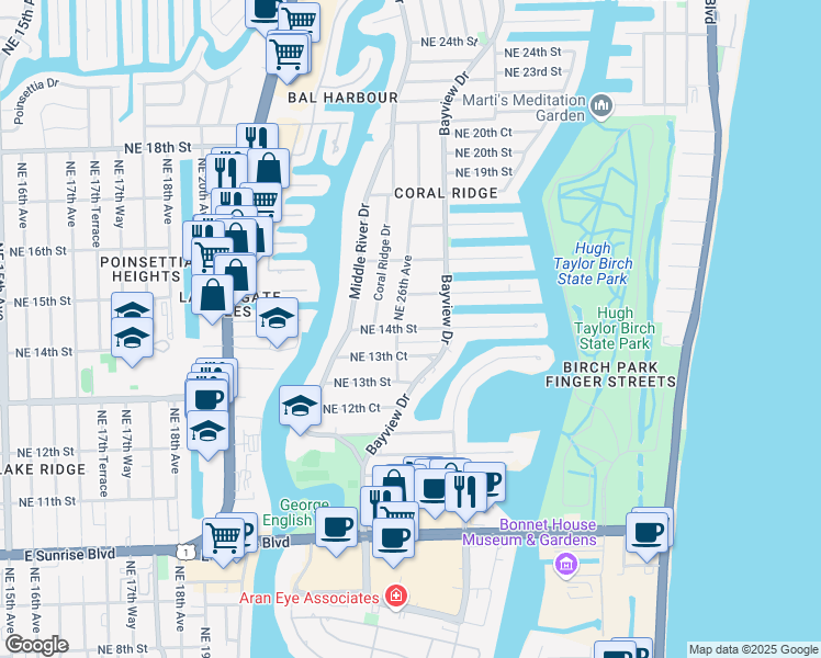 map of restaurants, bars, coffee shops, grocery stores, and more near 1332 Northeast 26th Avenue in Fort Lauderdale