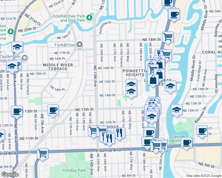 map of restaurants, bars, coffee shops, grocery stores, and more near 1416 Northeast 16th Terrace in Fort Lauderdale