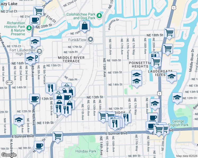 map of restaurants, bars, coffee shops, grocery stores, and more near 1327 Northeast 14th Court in Fort Lauderdale
