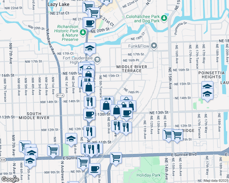 map of restaurants, bars, coffee shops, grocery stores, and more near 605 Northeast 14th Court in Fort Lauderdale