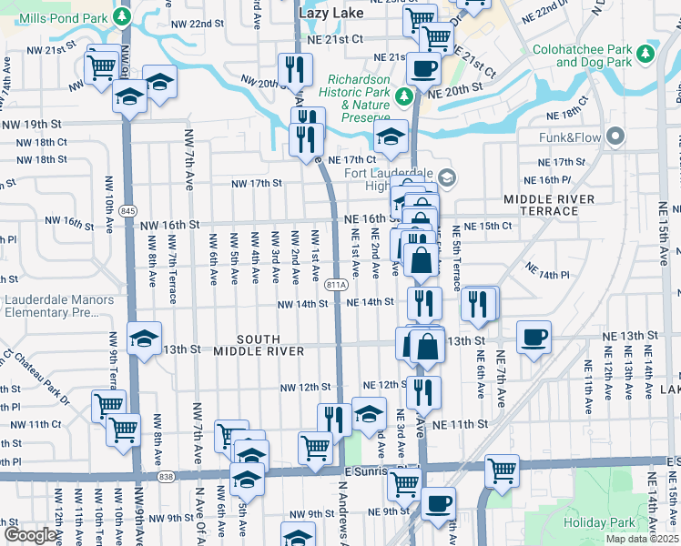 map of restaurants, bars, coffee shops, grocery stores, and more near 1428 Northwest 1st Avenue in Fort Lauderdale