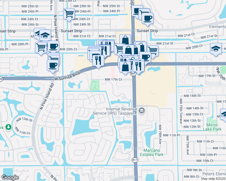 map of restaurants, bars, coffee shops, grocery stores, and more near 1641 Northwest 81st Way in Plantation