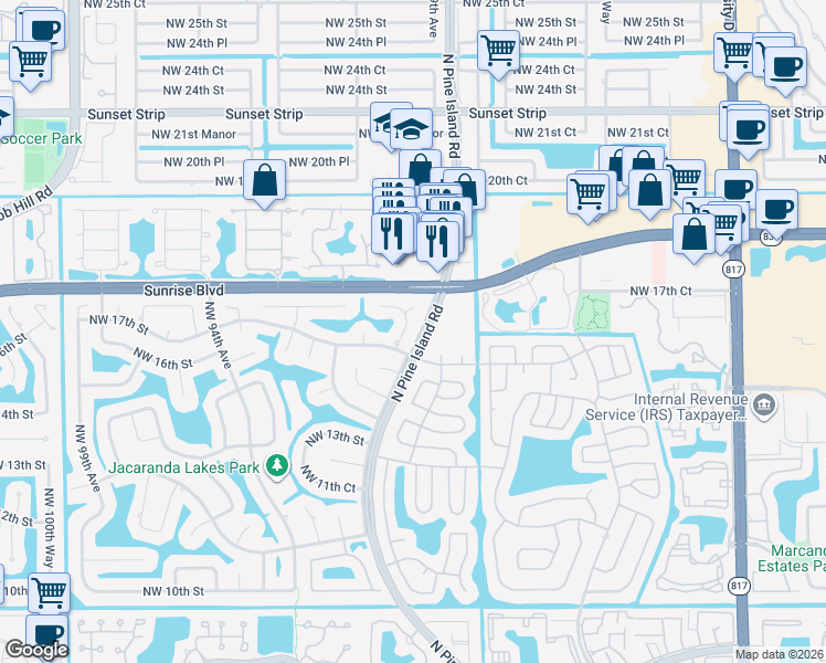 map of restaurants, bars, coffee shops, grocery stores, and more near 1706 Northwest 91st Avenue in Plantation