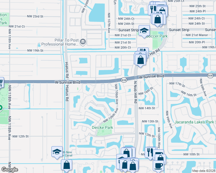 map of restaurants, bars, coffee shops, grocery stores, and more near 1731 Northwest 107th Terrace in Plantation