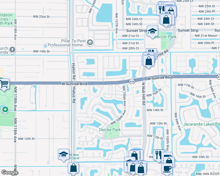 map of restaurants, bars, coffee shops, grocery stores, and more near 1731 Northwest 107th Terrace in Plantation