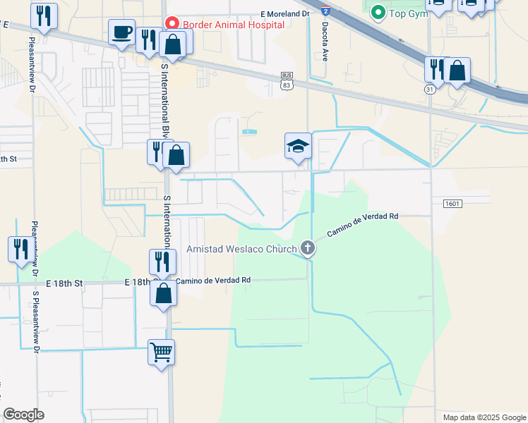 map of restaurants, bars, coffee shops, grocery stores, and more near 3820 Camino Real Viejo Road in Weslaco