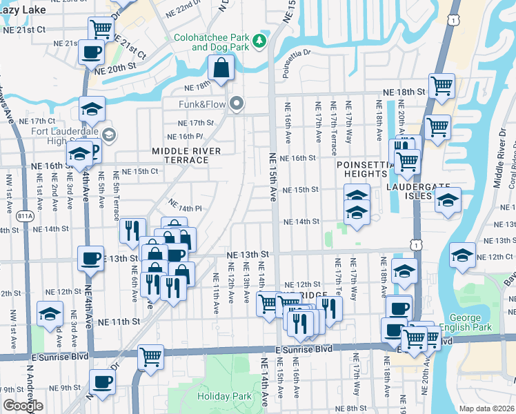 map of restaurants, bars, coffee shops, grocery stores, and more near 1327 Northeast 14th Court in Fort Lauderdale