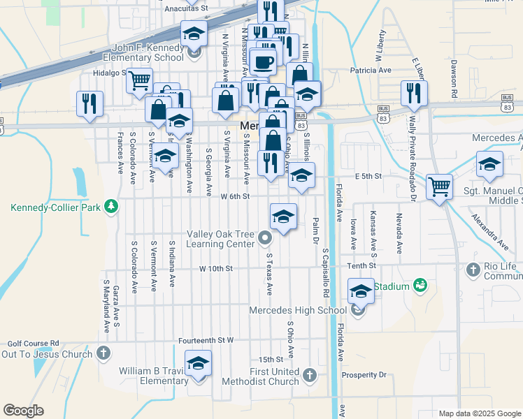 map of restaurants, bars, coffee shops, grocery stores, and more near 635 South Texas Avenue in Mercedes