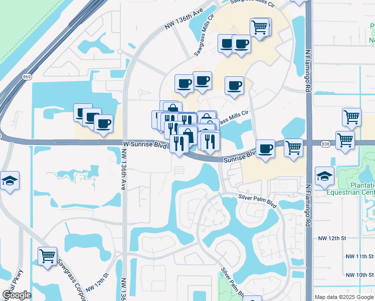 map of restaurants, bars, coffee shops, grocery stores, and more near 13298 W Sunrise Blvd in Sunrise