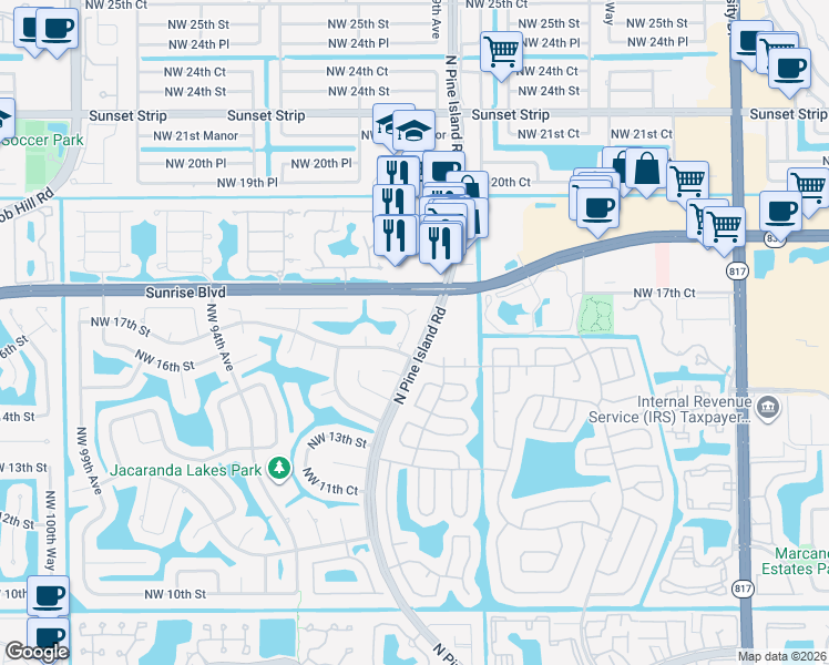 map of restaurants, bars, coffee shops, grocery stores, and more near 1706 Northwest 91st Avenue in Plantation