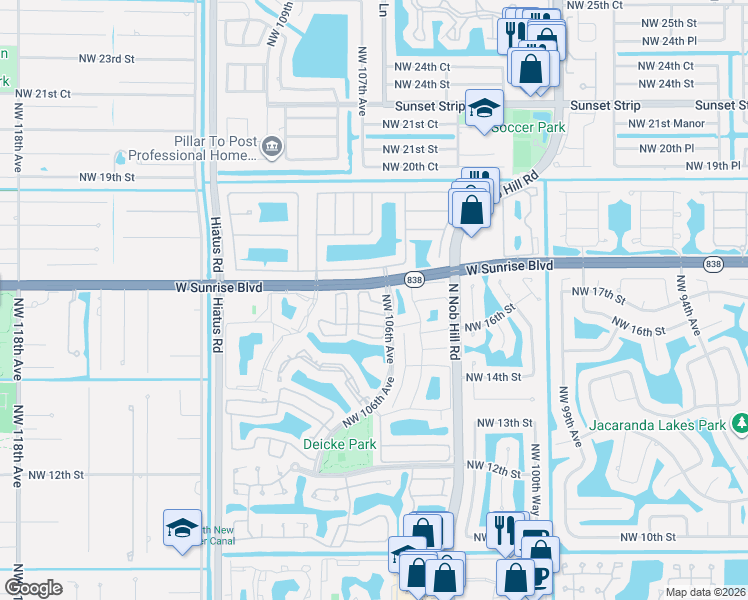 map of restaurants, bars, coffee shops, grocery stores, and more near 10640 Northwest 17th Place in Plantation