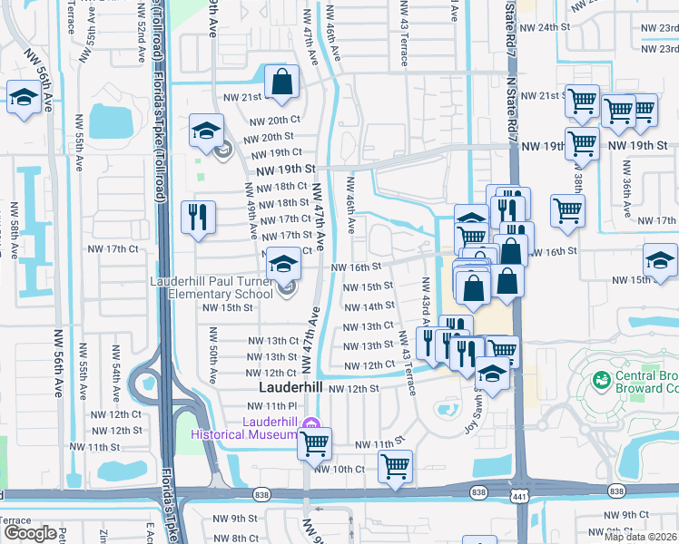 map of restaurants, bars, coffee shops, grocery stores, and more near 1521 Northwest 46th Avenue in Lauderhill