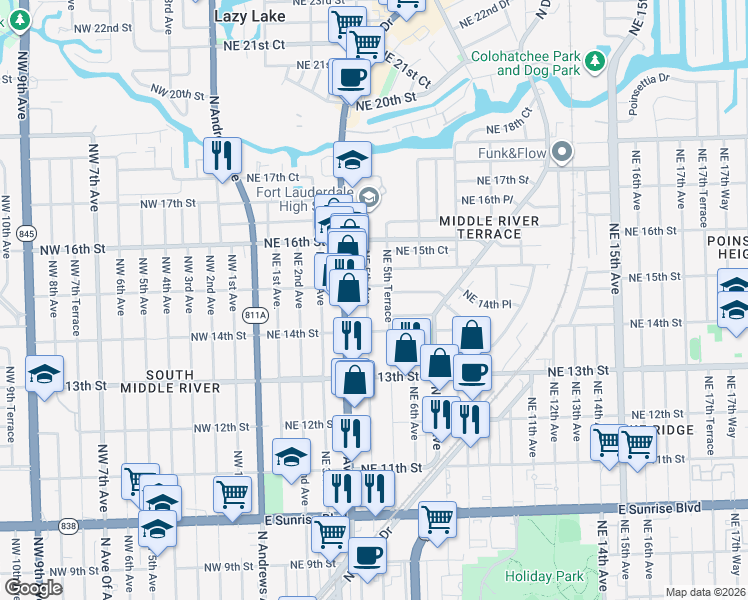 map of restaurants, bars, coffee shops, grocery stores, and more near 1425 Northeast 5th Terrace in Fort Lauderdale