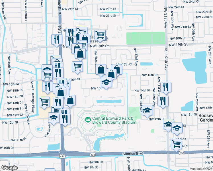 map of restaurants, bars, coffee shops, grocery stores, and more near 3551 Northwest 15th Street in Lauderhill