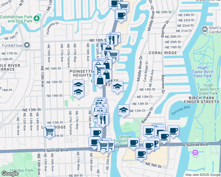 map of restaurants, bars, coffee shops, grocery stores, and more near 2014 Northeast 14th Court in Fort Lauderdale