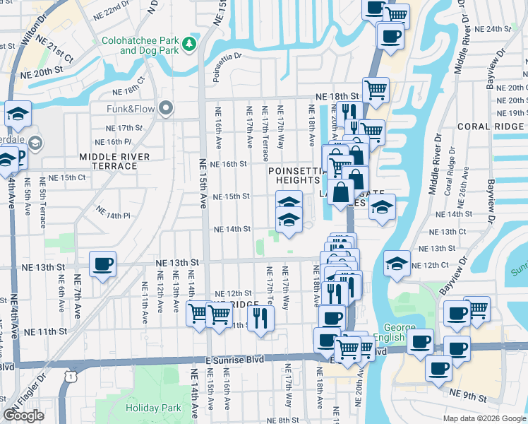 map of restaurants, bars, coffee shops, grocery stores, and more near 1415 Northeast 17th Terrace in Fort Lauderdale