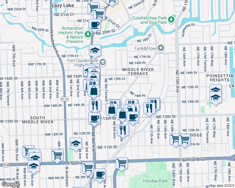 map of restaurants, bars, coffee shops, grocery stores, and more near 605 Northeast 14th Court in Fort Lauderdale