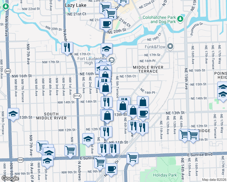 map of restaurants, bars, coffee shops, grocery stores, and more near 1425 Northeast 5th Terrace in Fort Lauderdale