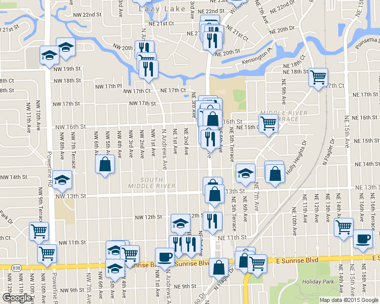 map of restaurants, bars, coffee shops, grocery stores, and more near 1429 Northeast 3rd Avenue in Fort Lauderdale