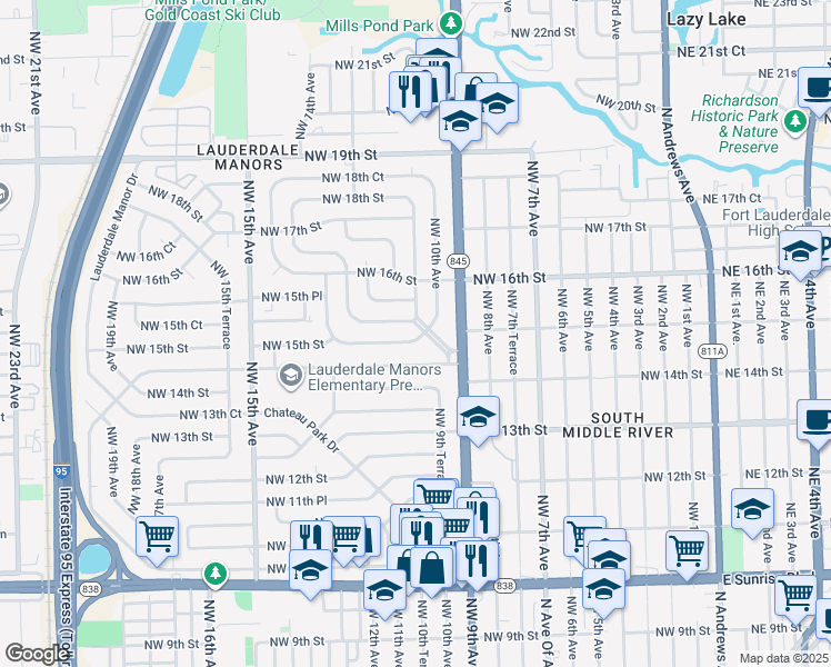 map of restaurants, bars, coffee shops, grocery stores, and more near 1445 Lauderdale Villa Drive in Fort Lauderdale