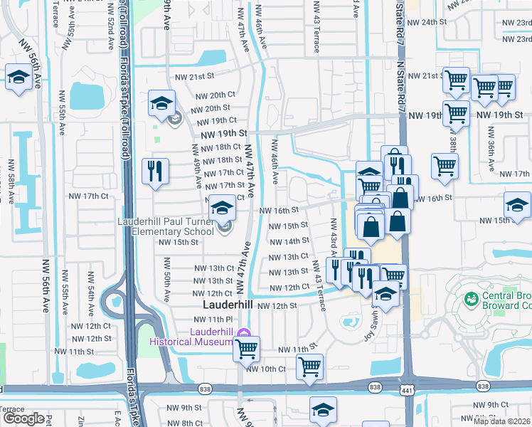 map of restaurants, bars, coffee shops, grocery stores, and more near 1521 Northwest 46th Avenue in Lauderhill